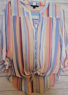 Zac & Rachel Shirt Women's Size S Tie Front Multicolor Roll Tab Sleeves